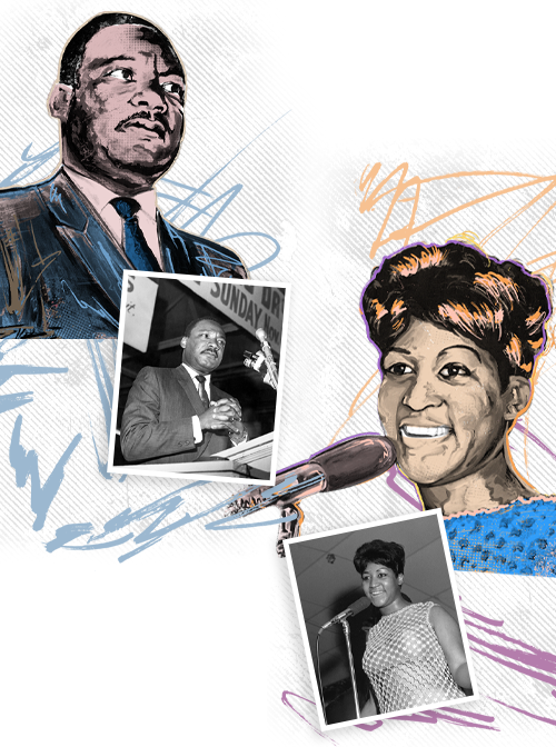 Side-by-side artistic illustrations of MLK and Aretha Franklin, with matching black-and-white photographs next to them.